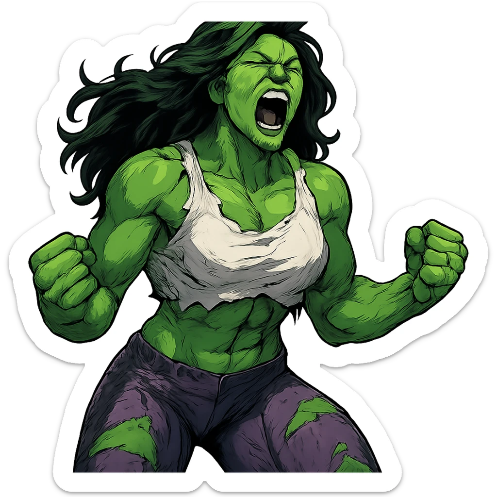 a female Hulk roaring in rage, fists clenched, green skin, ripped shirt and pants sticker