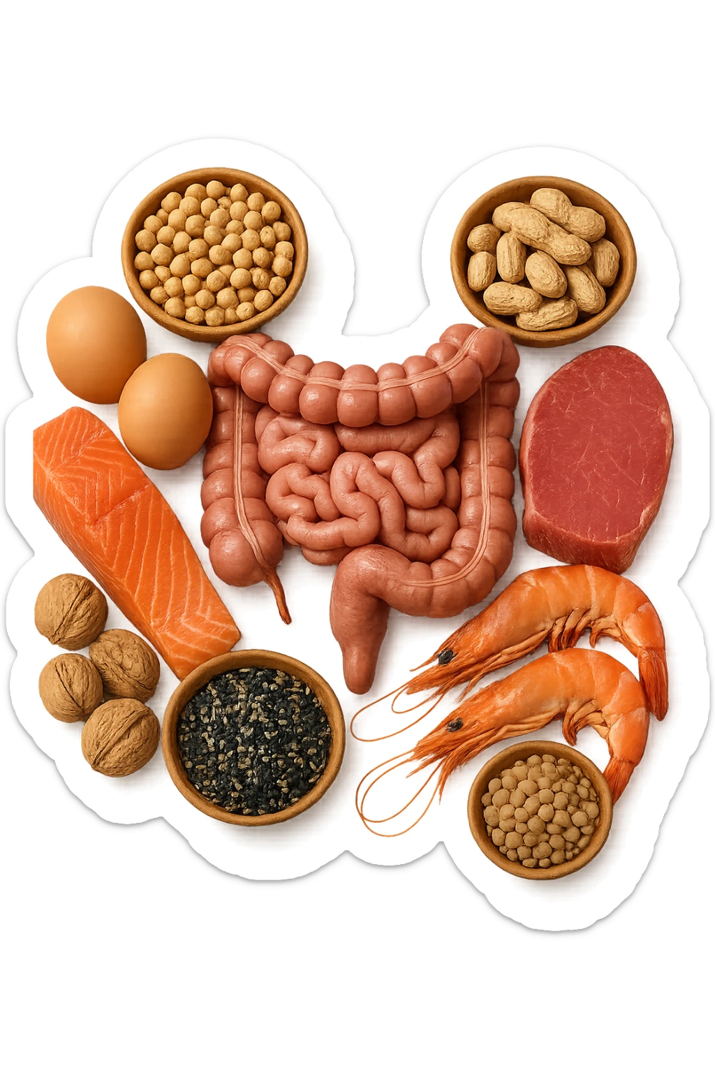 carne, uova, semi oleosi, legumi, crostacei insieme ad INTESTINO umanO realisticO, iperrealistici 4k sticker