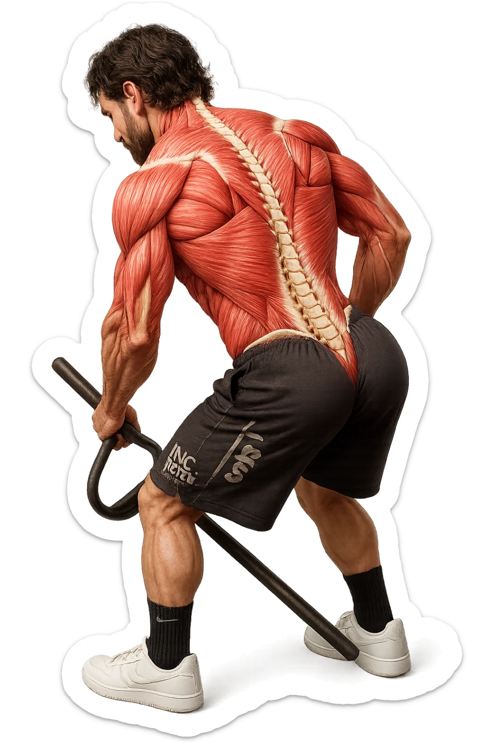 lascia questa immagine identica in cui lui esegue un T-bar con triangolo ma aggiungi fasci muscolari e spina dorsale sulla sua schiena, iperealistico 4k sticker