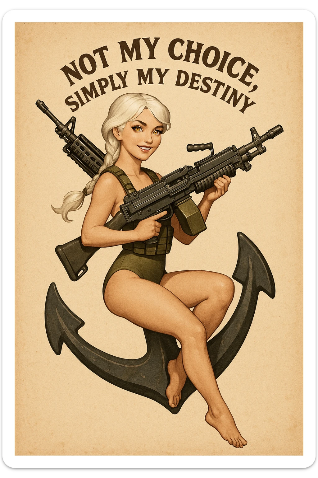 a retro military pinup " not my choice, simply my destiny "
; female figure young,gorgeous, white hair 1 braid, gold yellow eyes, riding side-saddle on a massive anchor , with a massive LMG 249,  wearing a swimsuit with plate-carrier sticker