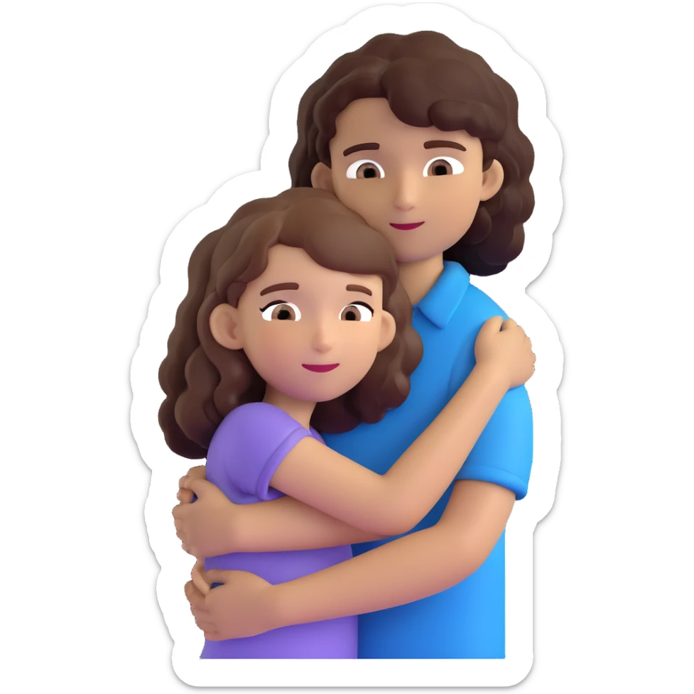 girl with long light brown hair and pale skin hugging a boy with short black curly hair and tanned skin sticker