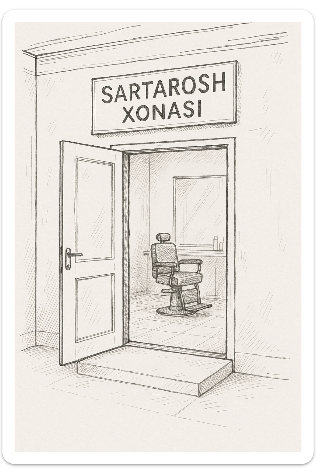 endi menga brohouse sartarish xonasini tashqaridan chizib ber eshigi ochiq bulsin faqat sticker