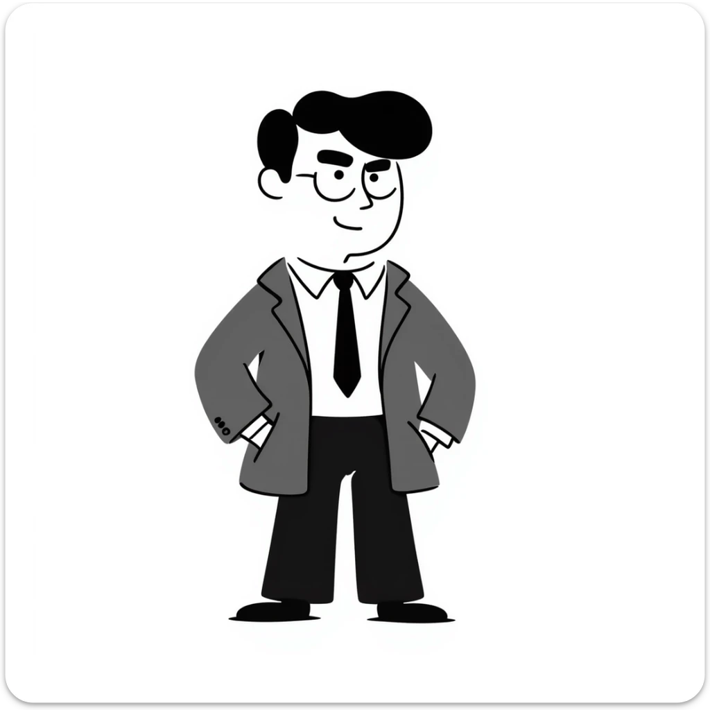Sketch of a middle-aged man with stern expression, short hair, wearing a suit and tie sticker