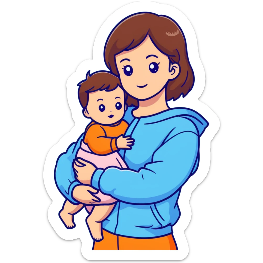 brunette girl with brown hair wearing pastel blue clothes holding a baby sticker