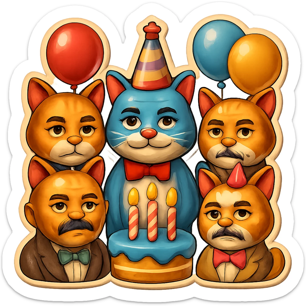 Make the six cats look more like men in their forties, with subtle masculine facial features, mature expressions, and hints of age, while keeping the festive birthday party emoji style. Preserve the transparent background. sticker