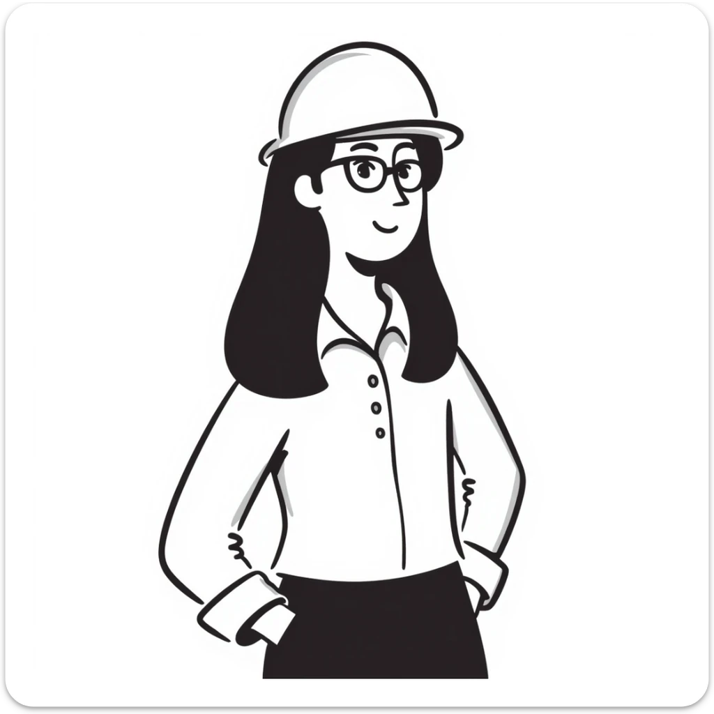 A woman with long, straight black hair, wearing glasses and a white architect's helmet sticker