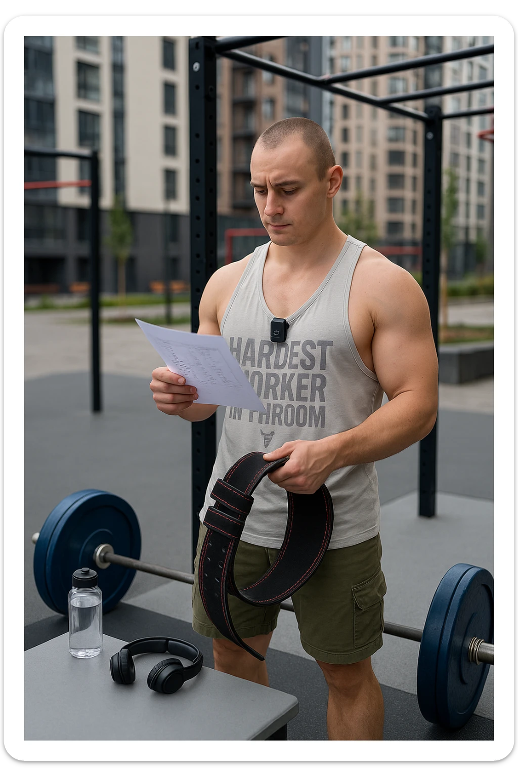 un uomo prepara con cura il suo set di pesi e la cintura per streetlifting, controllando una lista di esercizi e ripetizioni scritta su un foglio. Accanto a lui, una borraccia e delle cuffie. L’espressione è serena e sicura, a sottolineare l’importanza della programmazione per un allenamento efficace. Lo sfondo è un’area fitness urbana, pulita e ben attrezzata. sticker