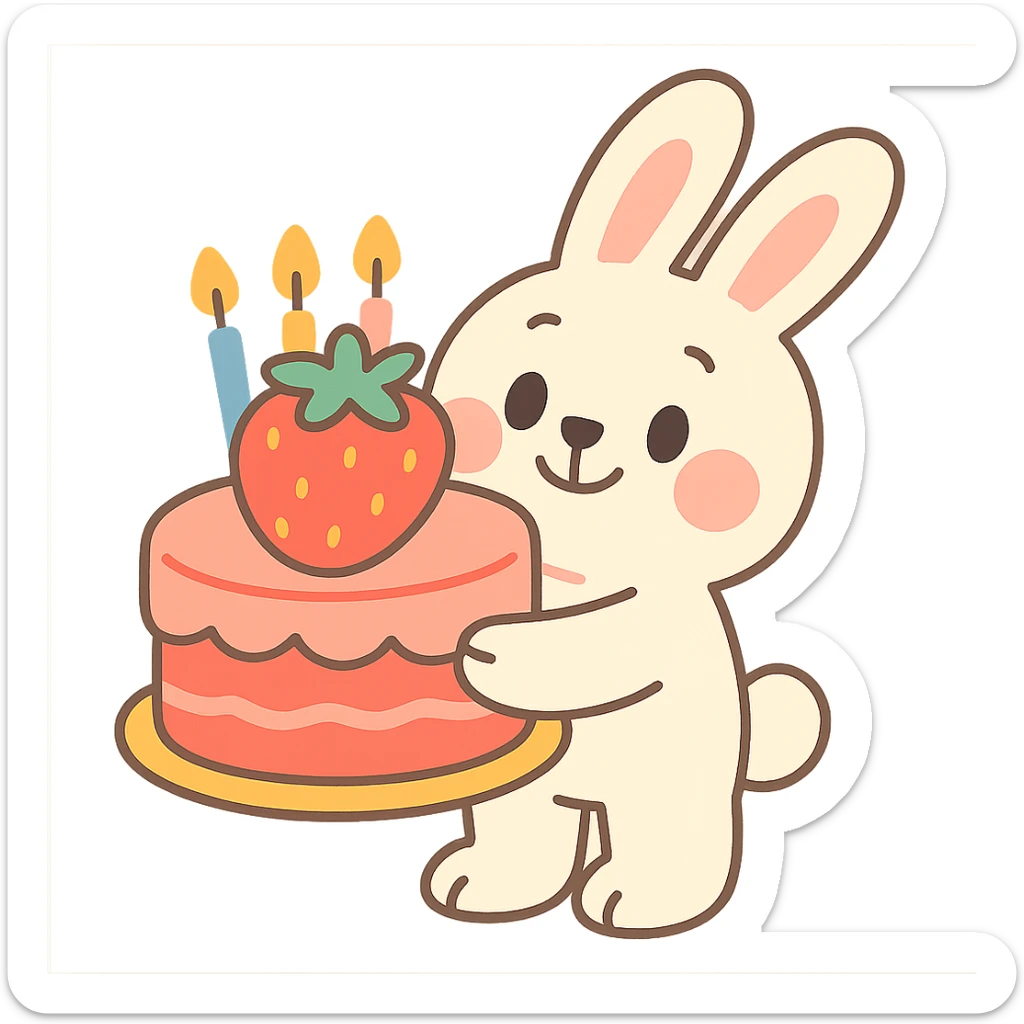 cute bunny holding a big strawberry birthday cake with candles, pastel colors sticker
