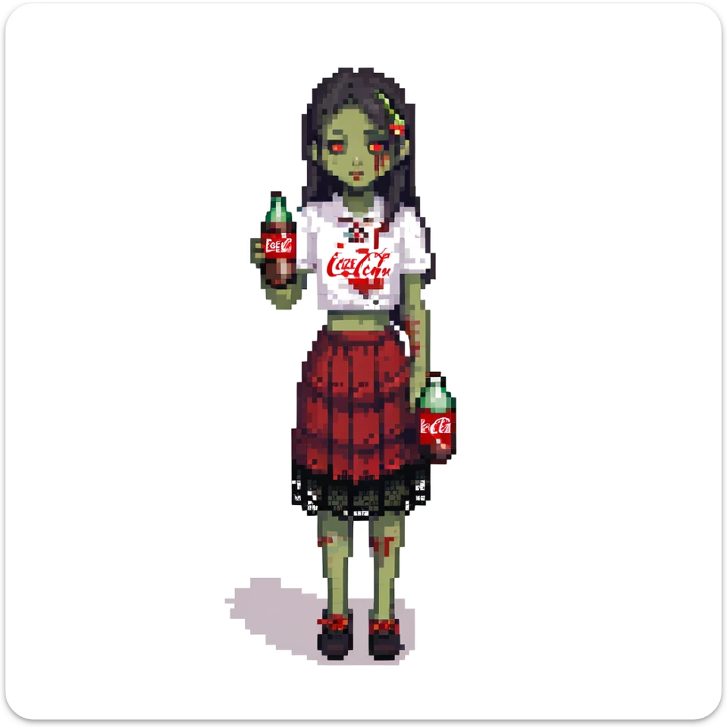 Generate an Asian girl, dark-haired, she's a zombie, wearing a skirt with lace, slightly torn,

Holding a bottle of Coca-Cola in her hands.

Background - a dark street in the style of Gotham City. sticker