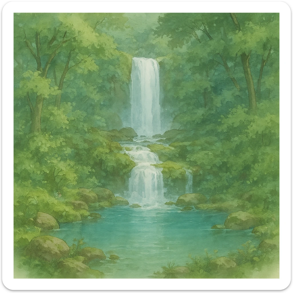 waterfall then lake and the rest of the waterfall in forest, natural colors, soft, fairy-like atmosphere, no background, square size sticker