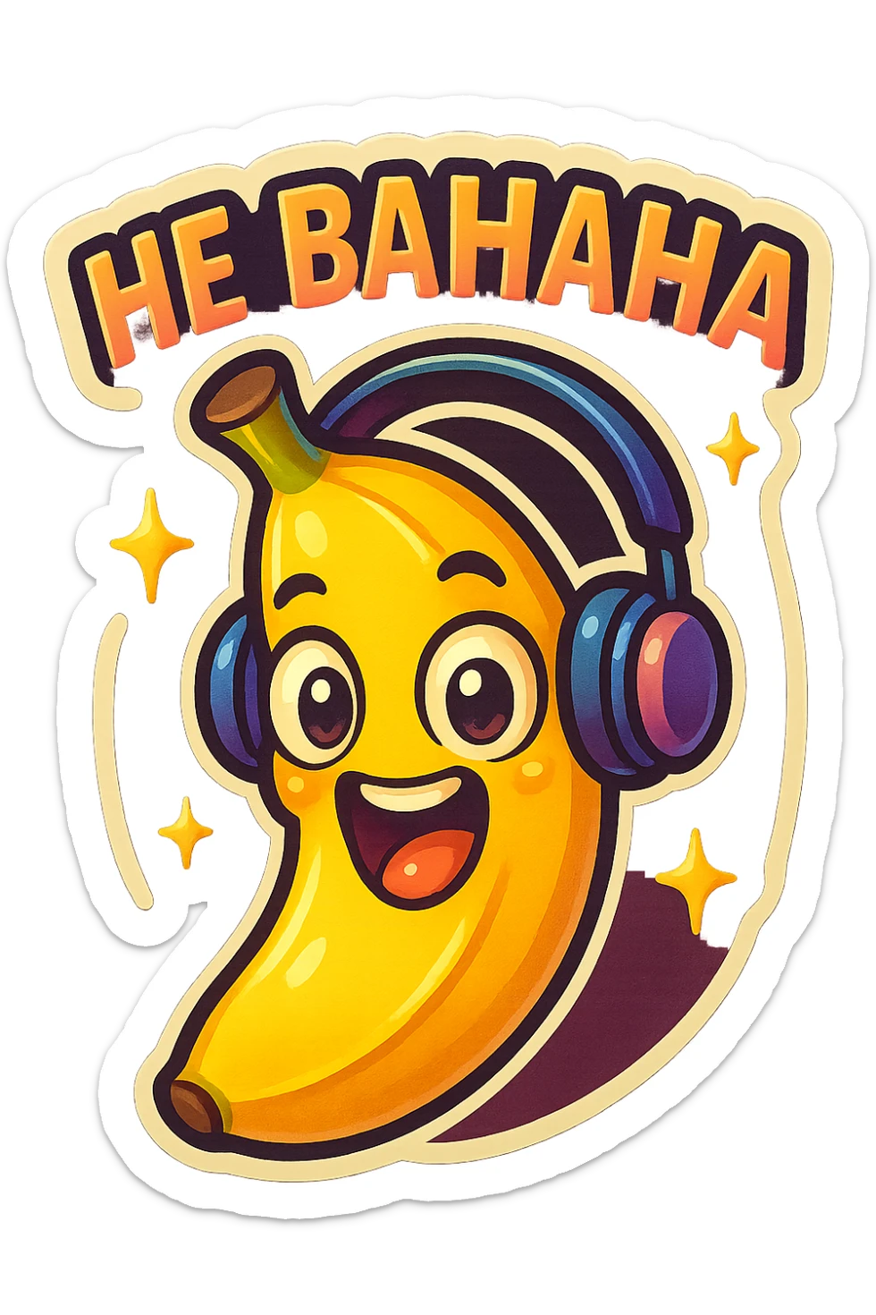 Funny cartoon banana, big happy smiling face, wearing tiny headphones, wide excited eyes, tiny sparkles around, text above: "НЕ БАНАНА ", chibi style, Twitch emoji style, colorful, transparent background sticker