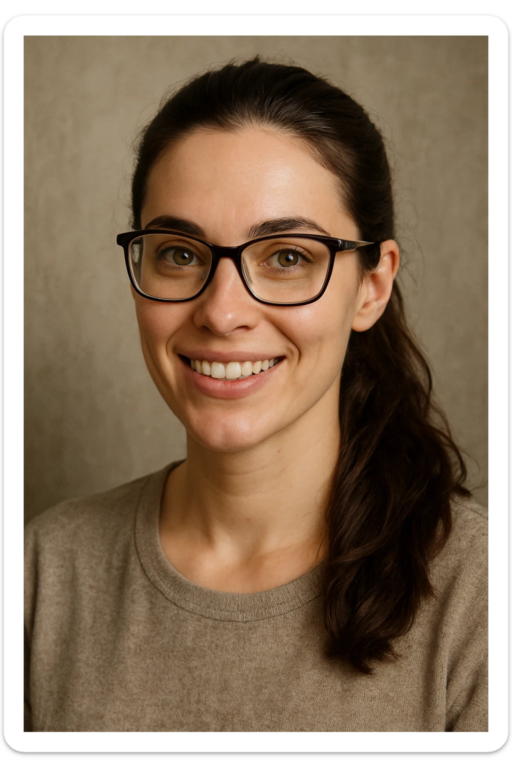 upper body portrait of a woman with long pulled back dark brown hair, hazel eyes, and glasses, smiling sticker
