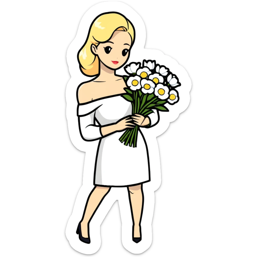 blonde woman in a white off-shoulder dress with long sleeves and a bouquet of white flowers in a white bag in her right hand sticker