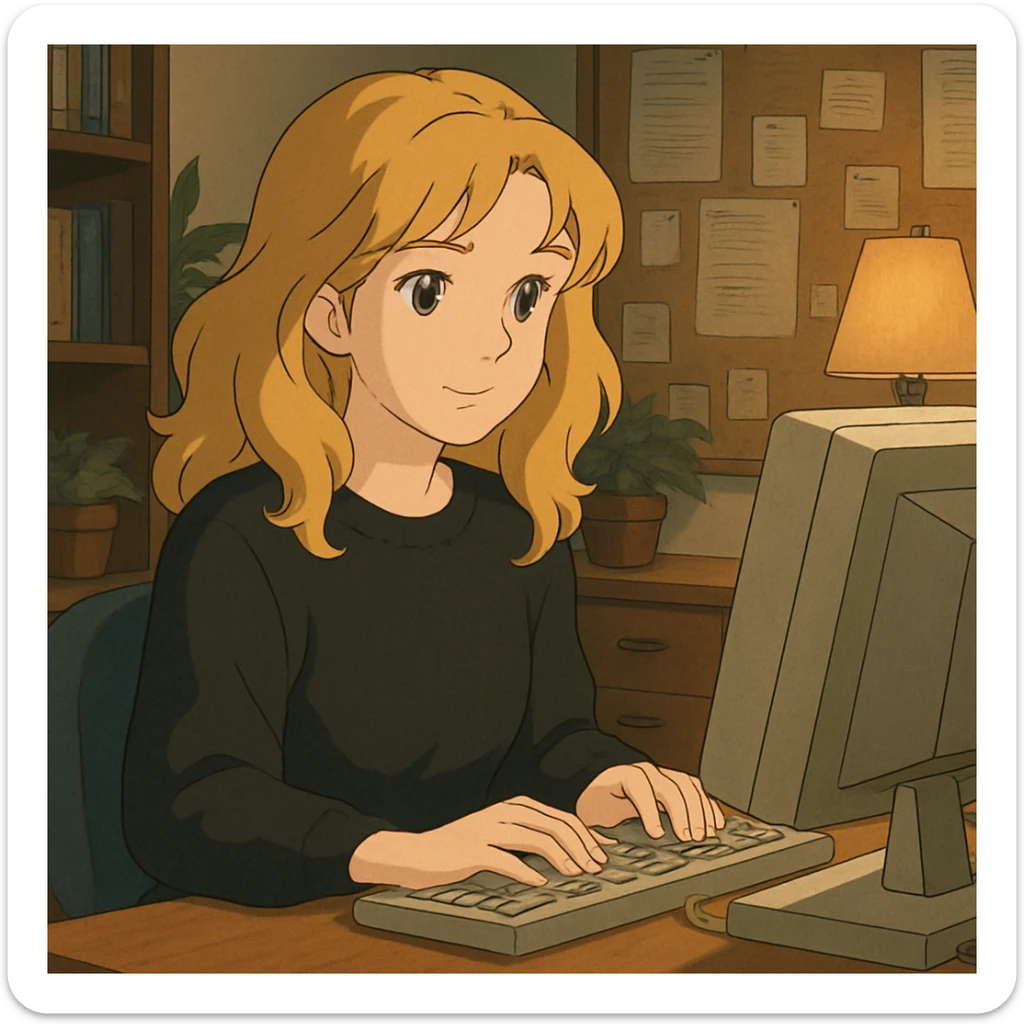 pretty brown-eyed blonde young woman with wavy hair, wearing a black sweater, working on a computer in a cozy office sticker