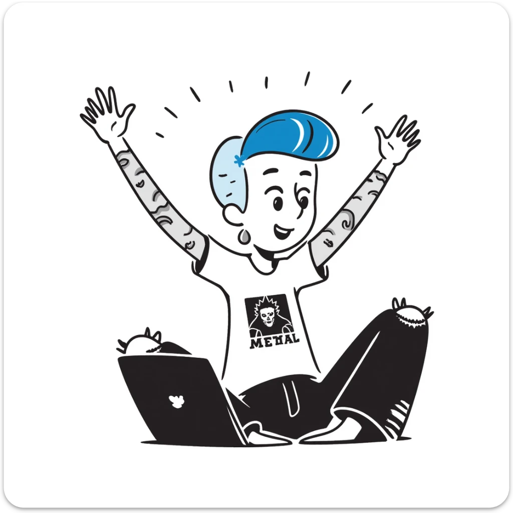 Rock musician girl with half-shaved head and blue hair, arm tattoos, multiple ear piercings, wearing ripped jeans and metal band shirt, sitting at desk with laptop and raising hand enthusiastically sticker