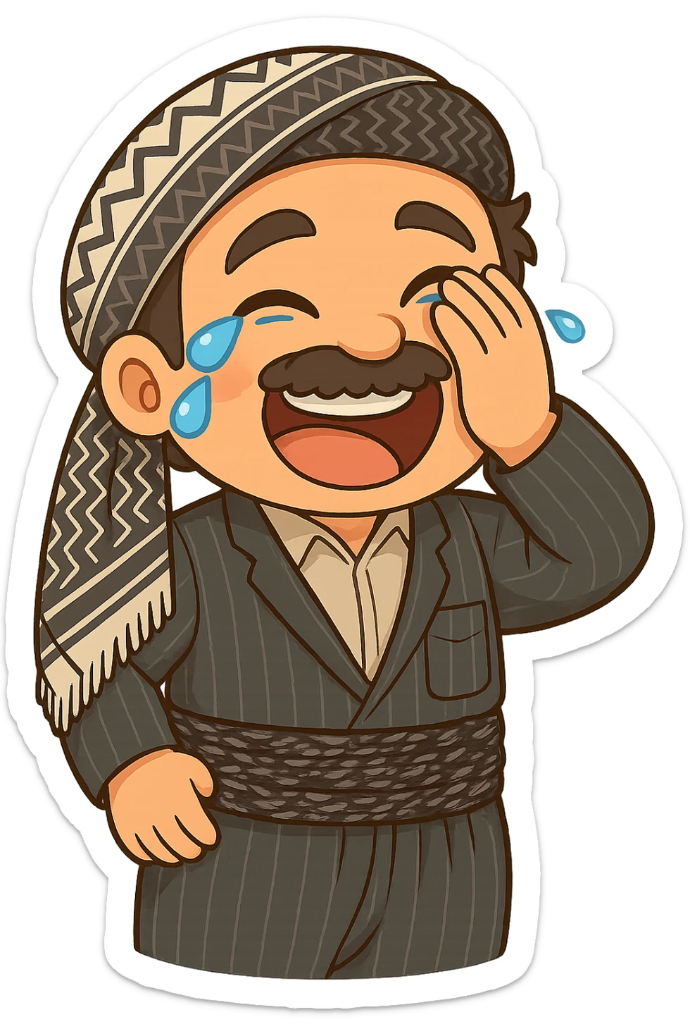 Cartoon sticker of a Kurdish man with the same clothes and scarf as the reference image, no changes to clothes or scarf, face with intense laughter and tears of joy, hand on face from laughing, colorful and cheerful, no text, suitable for WhatsApp and Instagram, transparent background. sticker