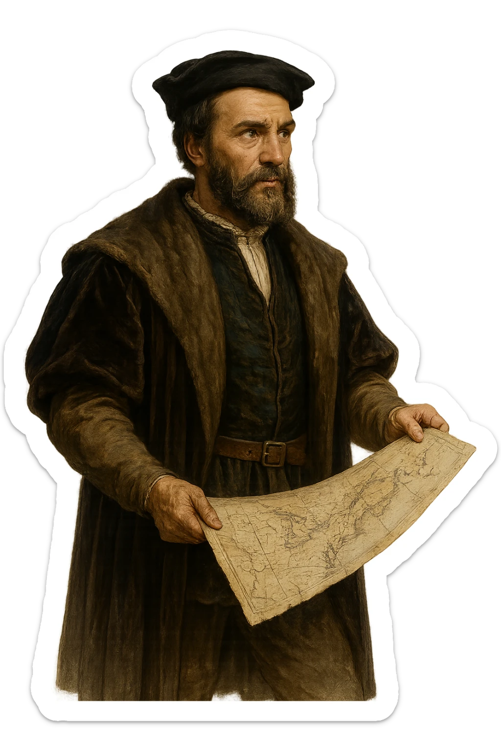 Jacques Cartier, French explorer, holding a map, 16th-century clothing, adventurous look, no background sticker