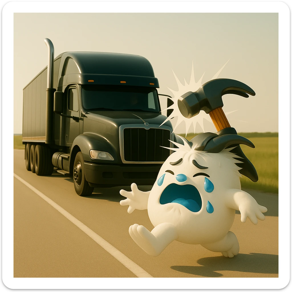 Change to a side view: show the black Kenworth W680 flat top semi truck far behind the abominable snowman, hammer actively hitting the snowman, light and realistic style, no text. sticker