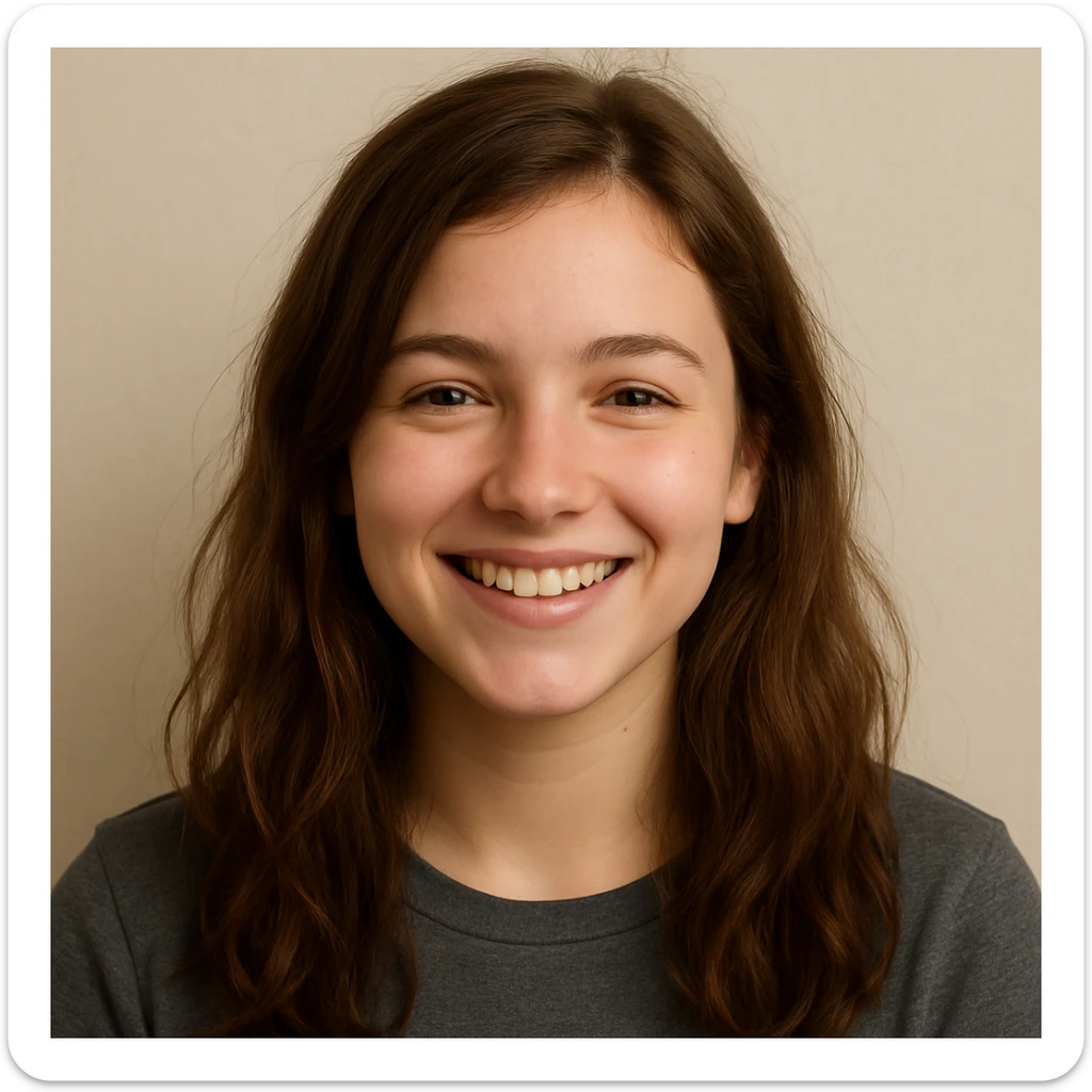 a girl with brown, slightly wavy hair, smiling, simple background sticker