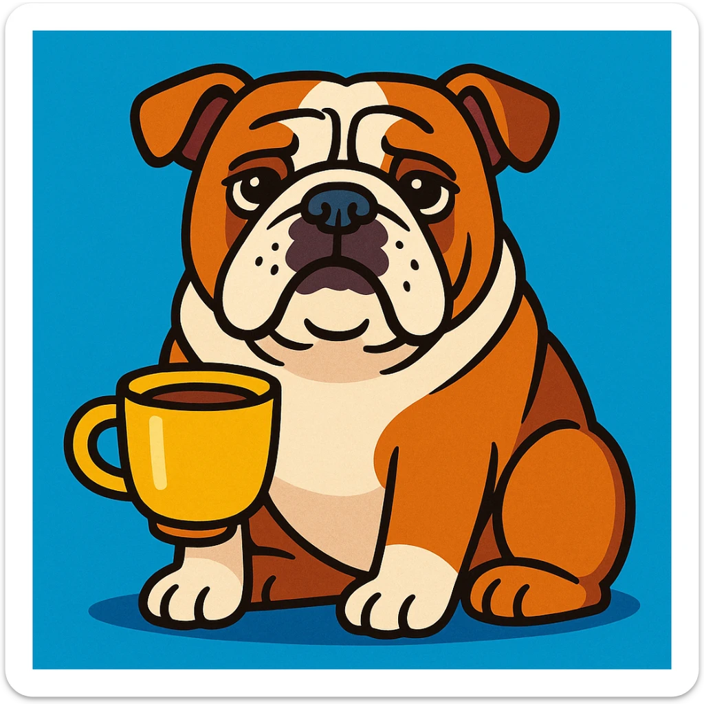 English Bulldog sitting patiently, holding a coffee cup, vibrant cartoon style sticker