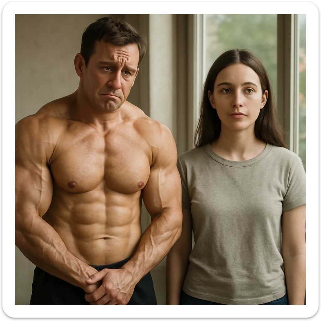 hyperrealistic muscular male bodybuilder standing next to a woman. The bodybuilder looks agitated, anxious, and insecure with a low self-esteem expression. The woman appears calm or neutral. Realistic environment with natural lighting and detailed features. sticker
