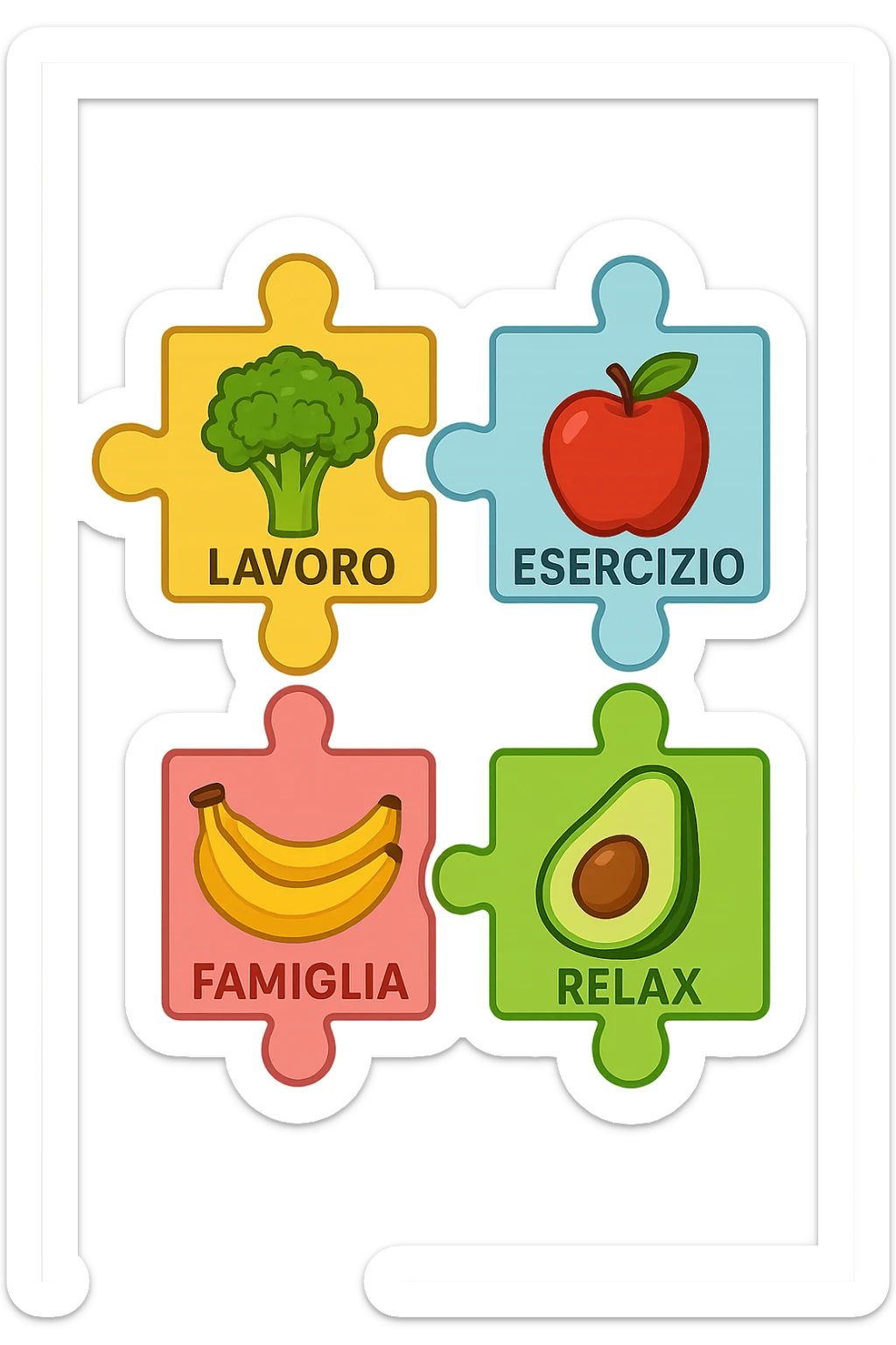 Puzzle (Lavoro, Esercizio, Famiglia, Relax), and healthy foods are integrated into each piece. in italiano sticker
