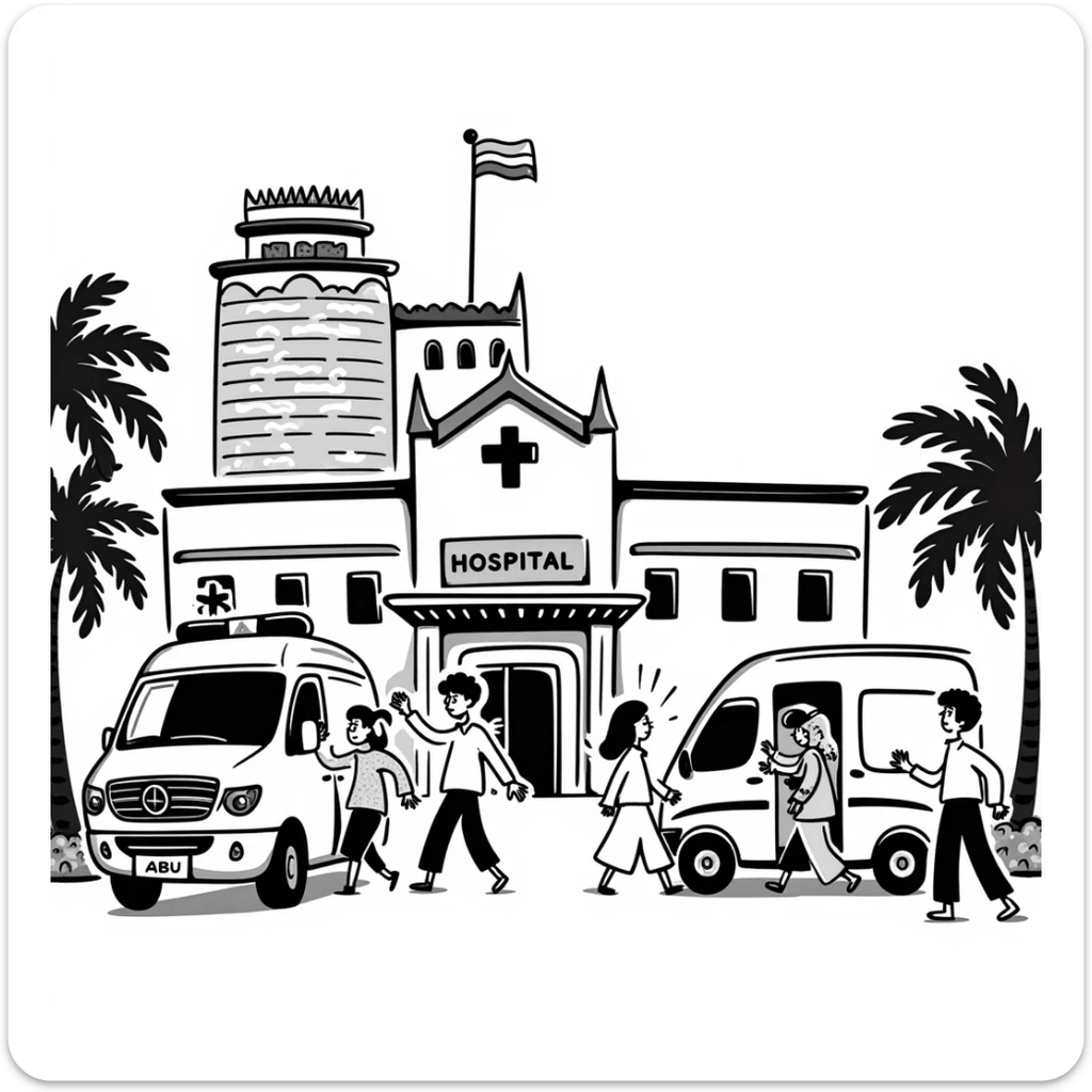 Busy Bangkok hospital exterior with ambulance and Thai architectural details sticker