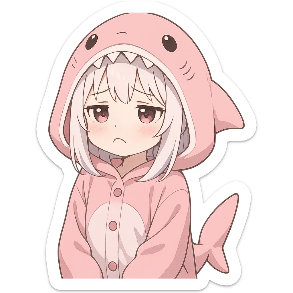 cute anime girl, white hair, pink shark onesie, pouting with a sad face sticker