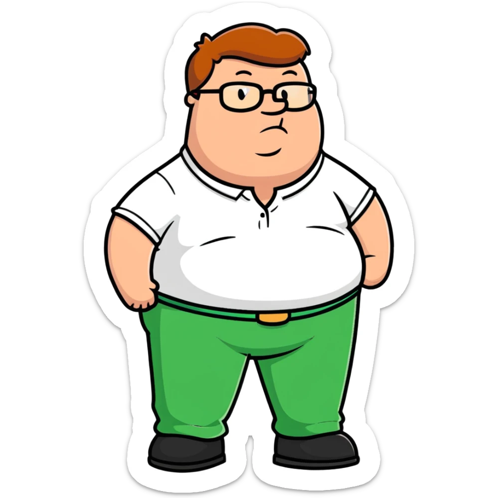 Peter Griffin from Family Guy with a pregnant belly, wearing green pants, white shirt, and glasses sticker