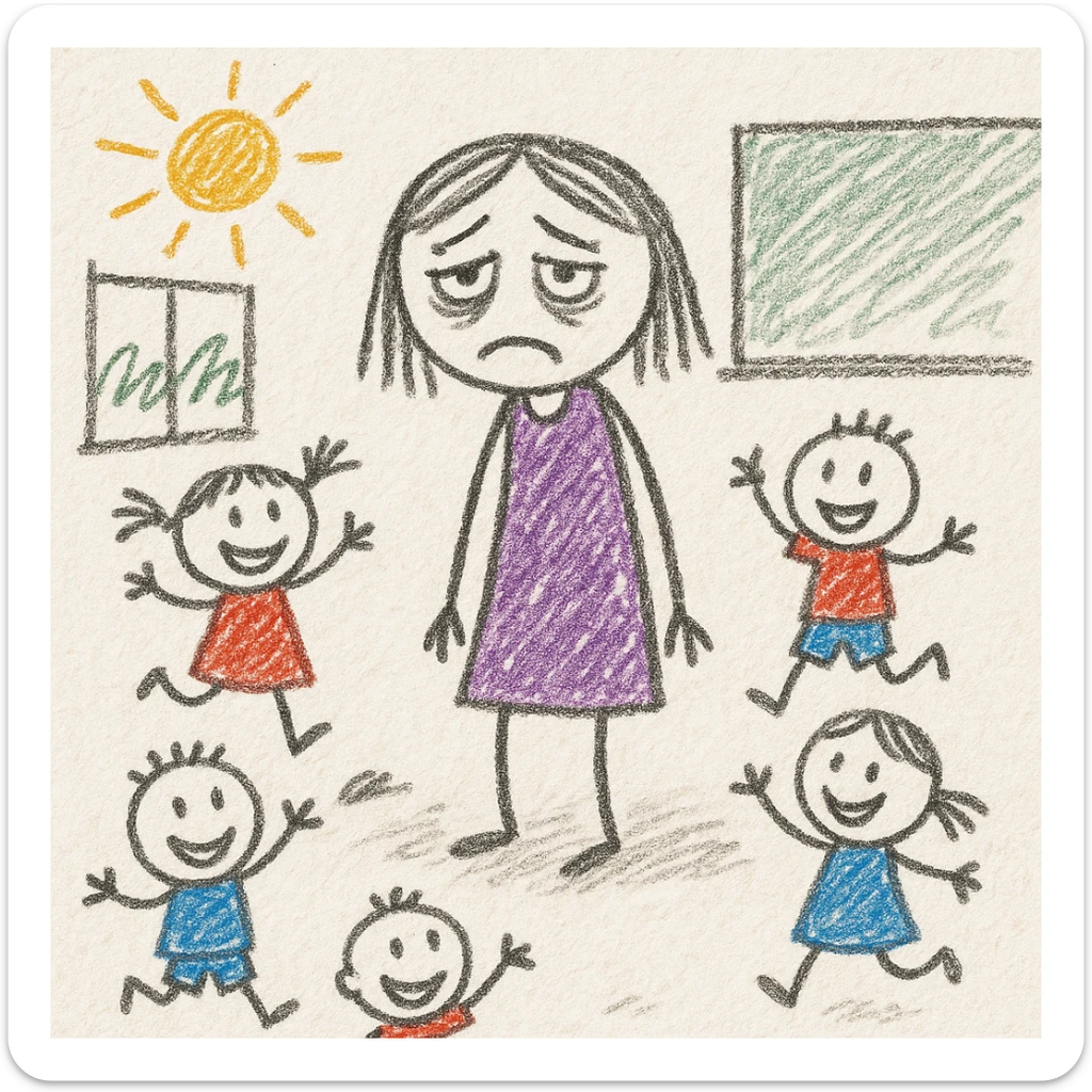 exhausted teacher in a bustling classroom sticker