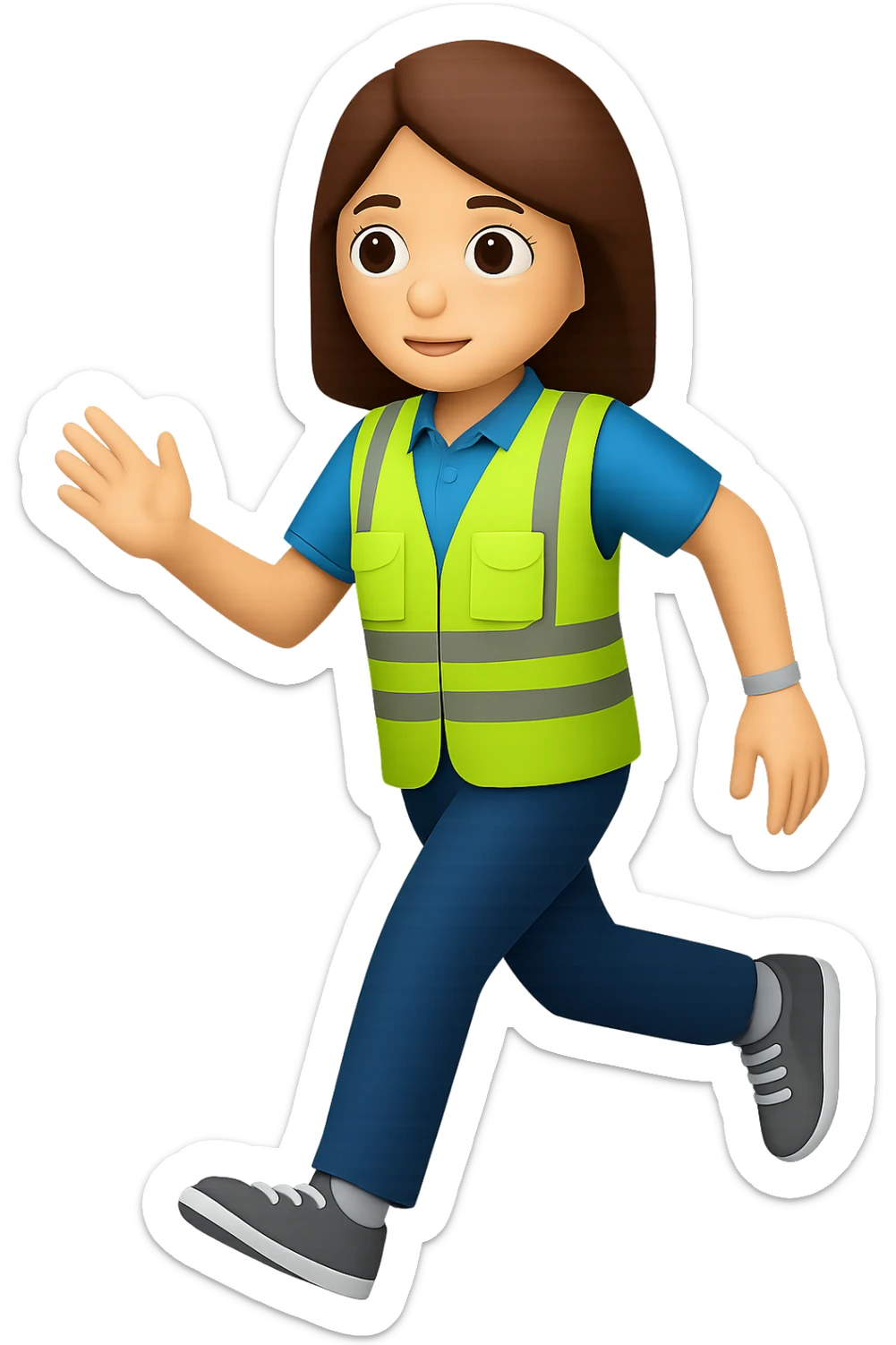 Edit the images to depict a full-body white female person walking, with shoulder-length brown hair, wearing a high-visibility vest, no hard hat, and trainers. The style should resemble apple style emojis with no background (transparent). sticker