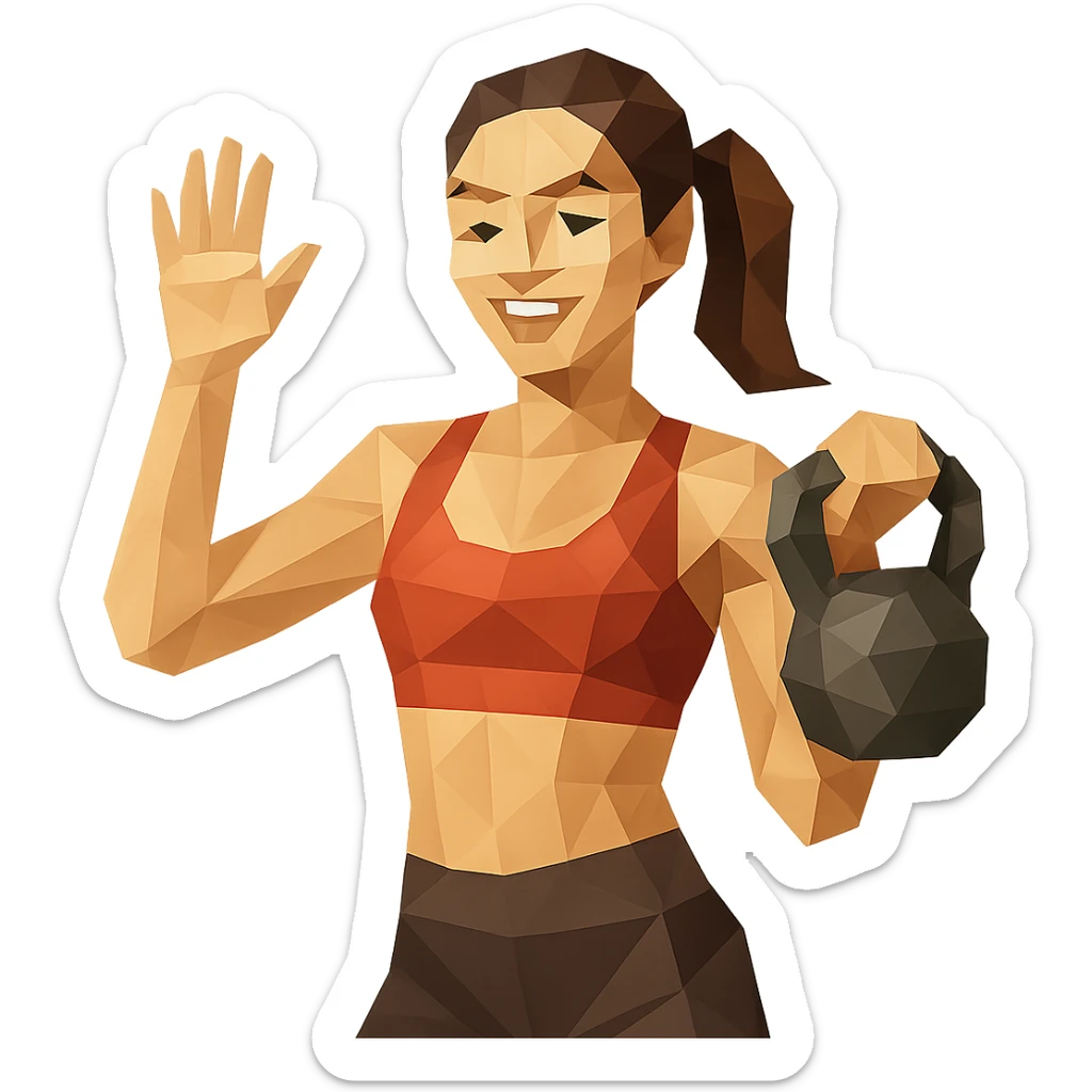 sport girl with kettlebell in one hand and waving hello with the other sticker