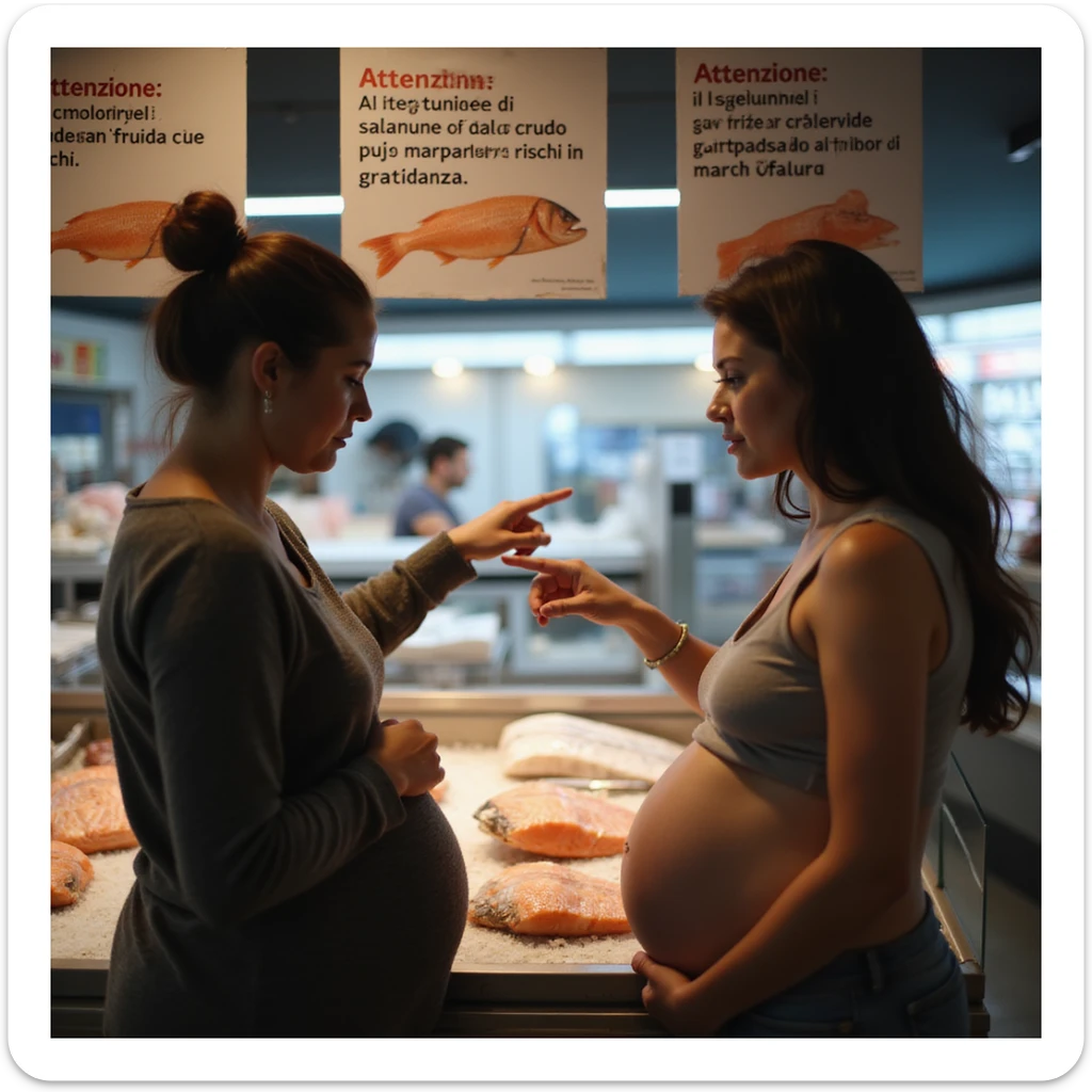 realistic pregnant woman in 4K pointing at the informational sign in a fish market to another pregnant woman, both reading the text: “Attenzione, il consumo di salmone crudo può comportare rischi in gravidanza”. sticker