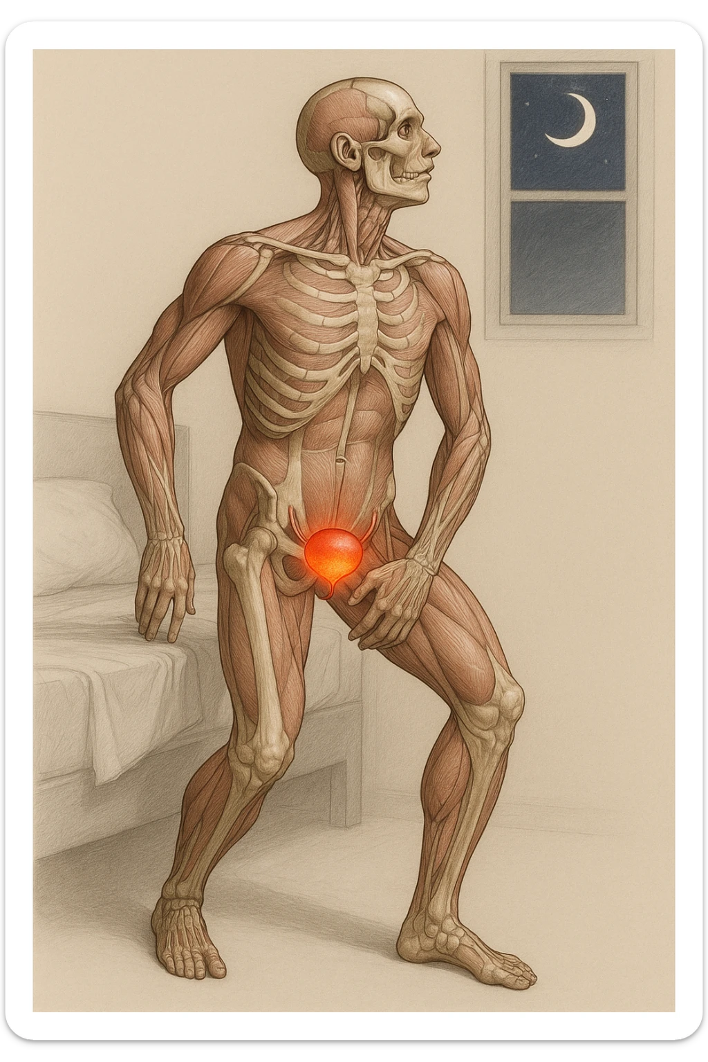 CORPO UMANO ANATOMICO CHE SI SVEGLIA LA NOTTE PER SVUOTARE LA VESCICA, VESCICA ANATOMICA IN EVIDENZA, SFONDO CHIARO NEUTRO sticker