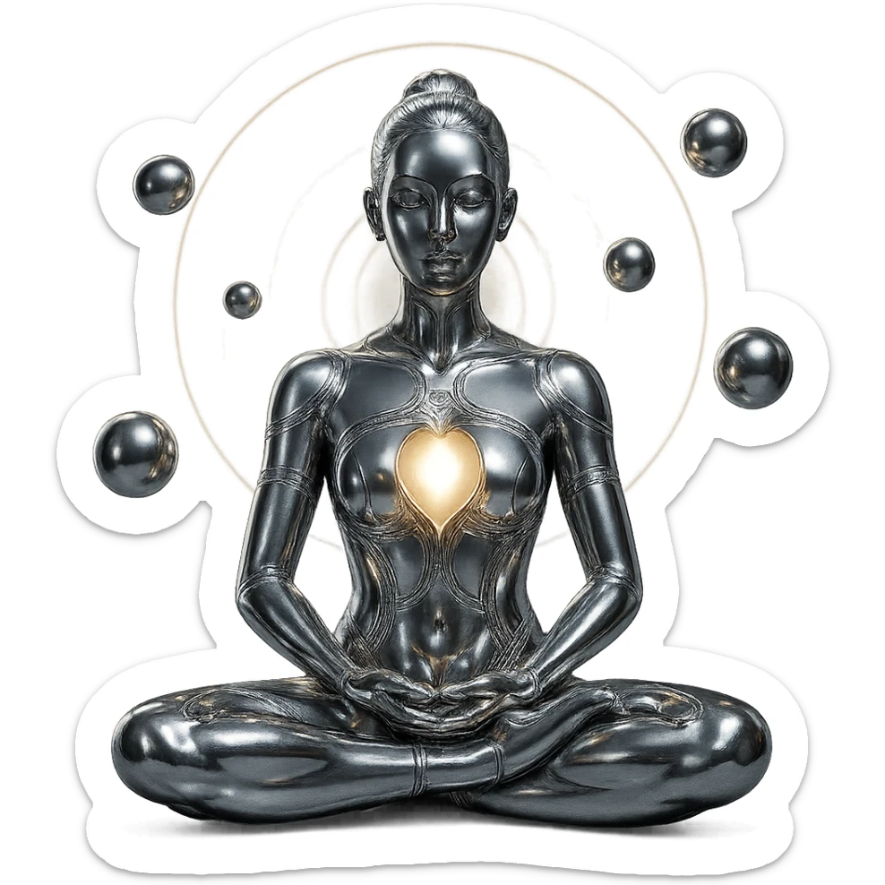 chrome style woman meditating in the lotus position with an open chest revealing a glowing light or energy inside, surrounded by spiraling spheres and a glowing aura, highly polished sticker