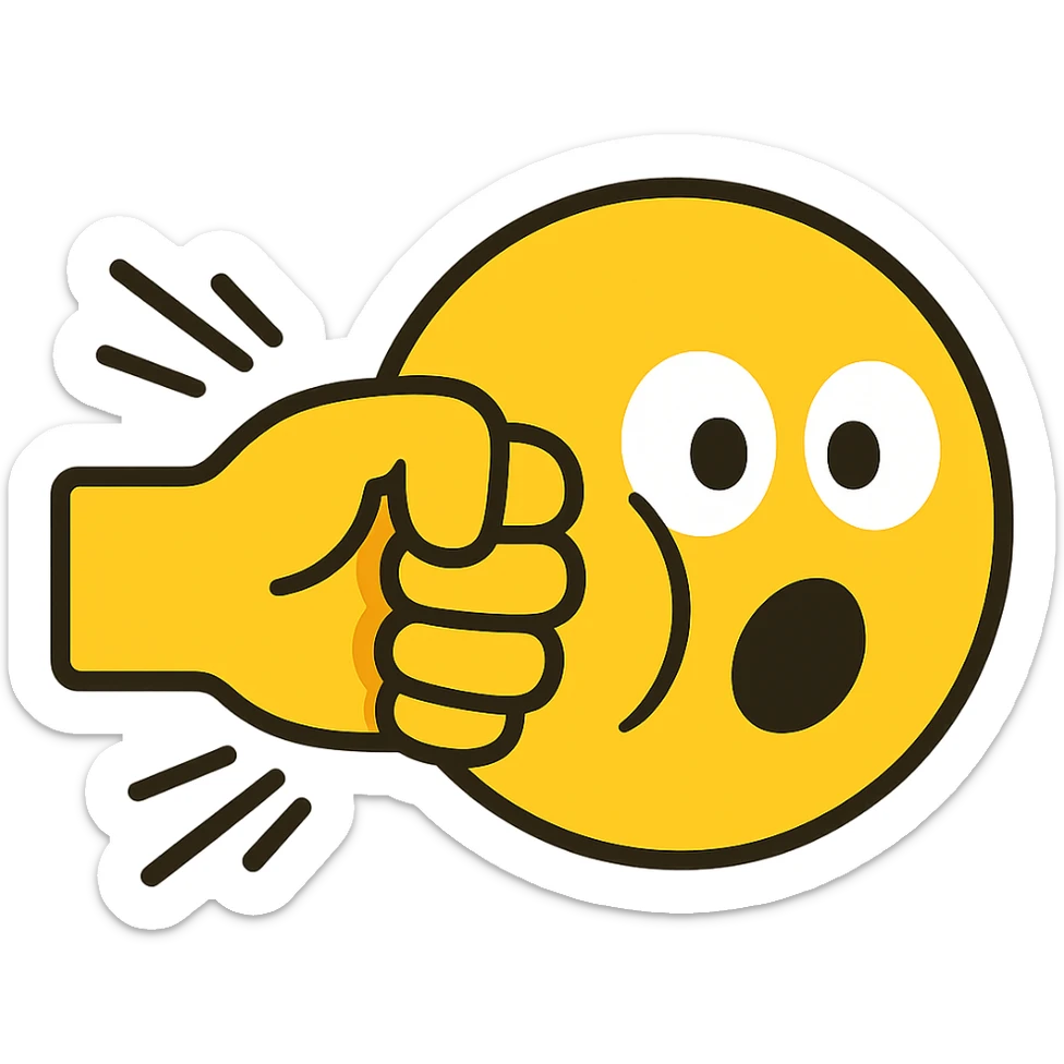 flat-toon style side view, yellow emoji fist punches yellow emoji face, face with squished cheek, surprised eyes, comic motion lines, clean modern emoji style sticker