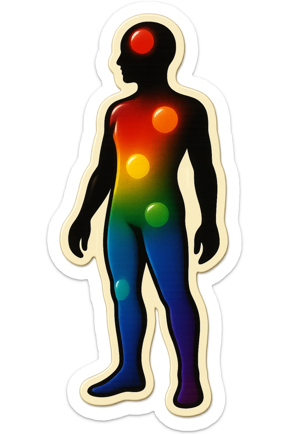 silhouette of a person with multicolored dots on different parts of the body, symbol of psychosomatic zones, retro sticker style, clear contours, shadows and highlights, psychosomatic theme sticker