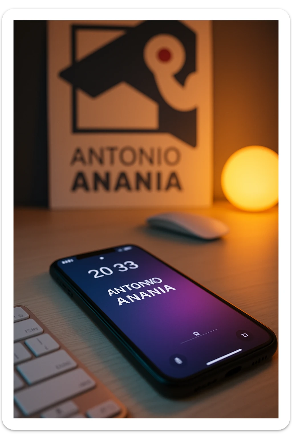 A photo of an iPhone on the desk with the message "Antonio Anania" on its screen, The phone sits atop a desk with a blurred with the logo in the background that suggests work environment. A faint glow from above casts gentle shadows across the surface of each object, creating depth and highlighting their textures sticker