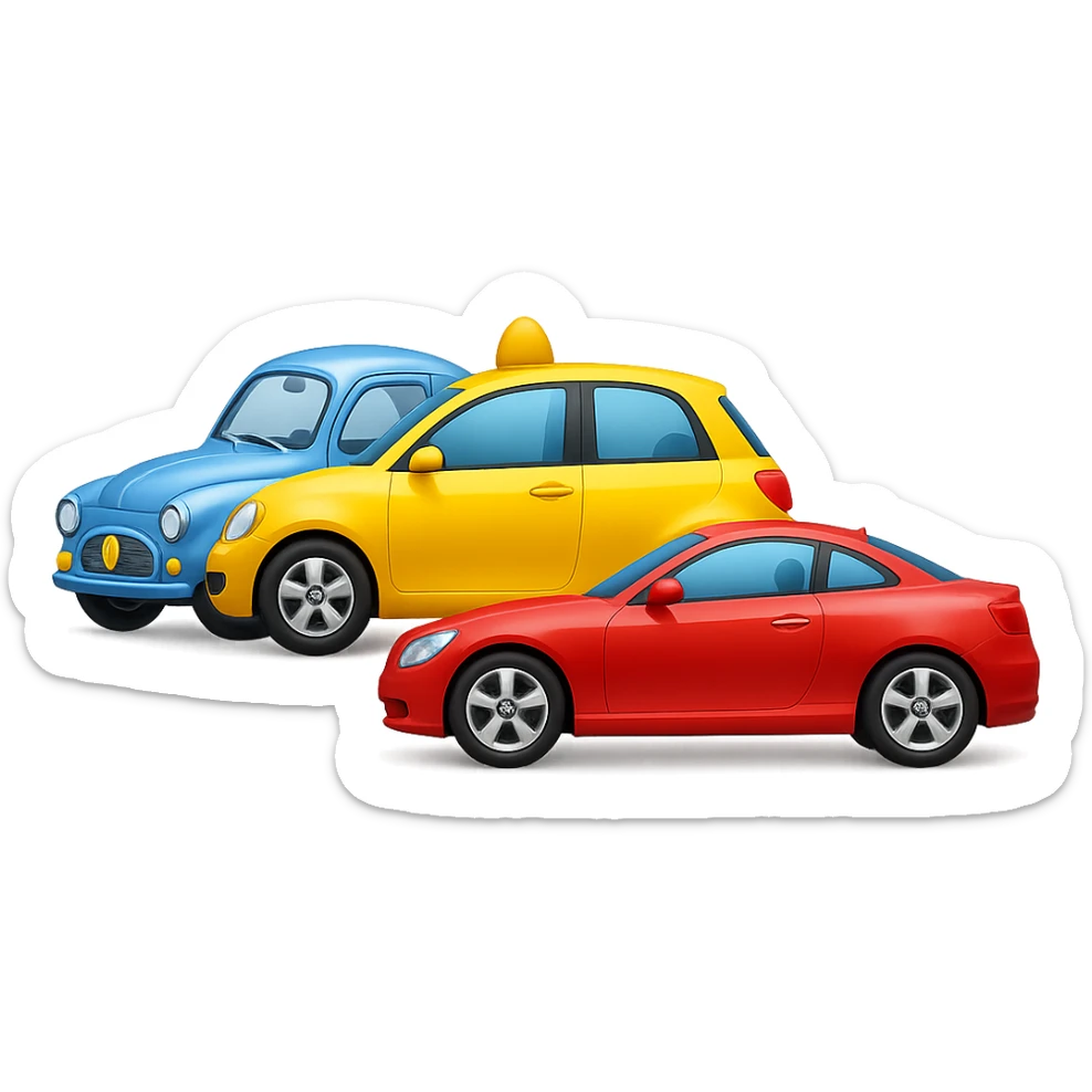 Combine the three cars (red, blue, yellow) into one emoji, all side by side, in the style of apple emojis, with no background. sticker
