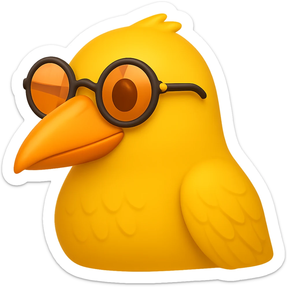 Make the bird emoji more emoji-like, keeping the detailed, slightly cartoonish style and subtle emoji shine. Define the feathers just a bit more than before, but keep it clean and not too realistic. Keep the orange beak and round sunglasses. Bird looking to the right. No background. sticker