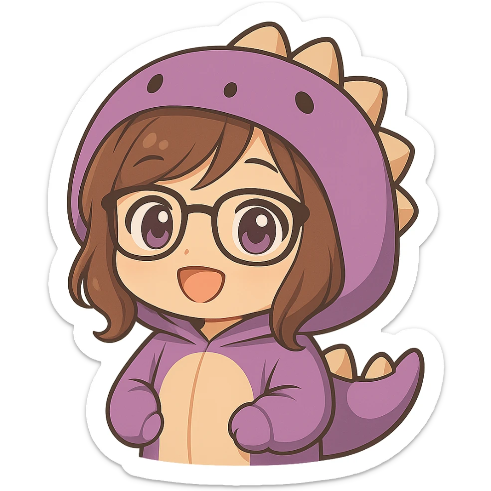 Edit the image to depict a chibi anime style girl with glasses, brown hair, dark purple eyes, wearing a purple dinosaur costume, hands down, keep everything else the same, with no background, same style as reference. sticker