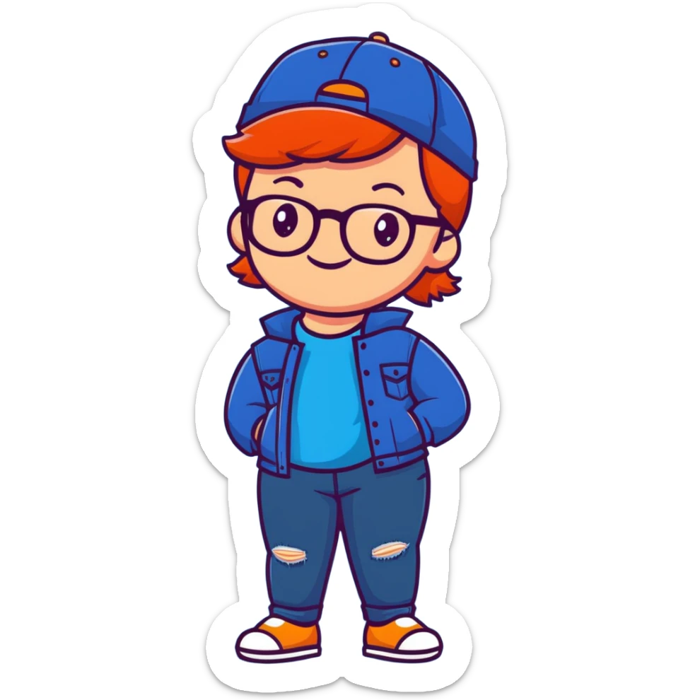 Young person with red hair, glasses, earrings and a wonderful smile, wearing blue clothes, jeans and a cap sticker