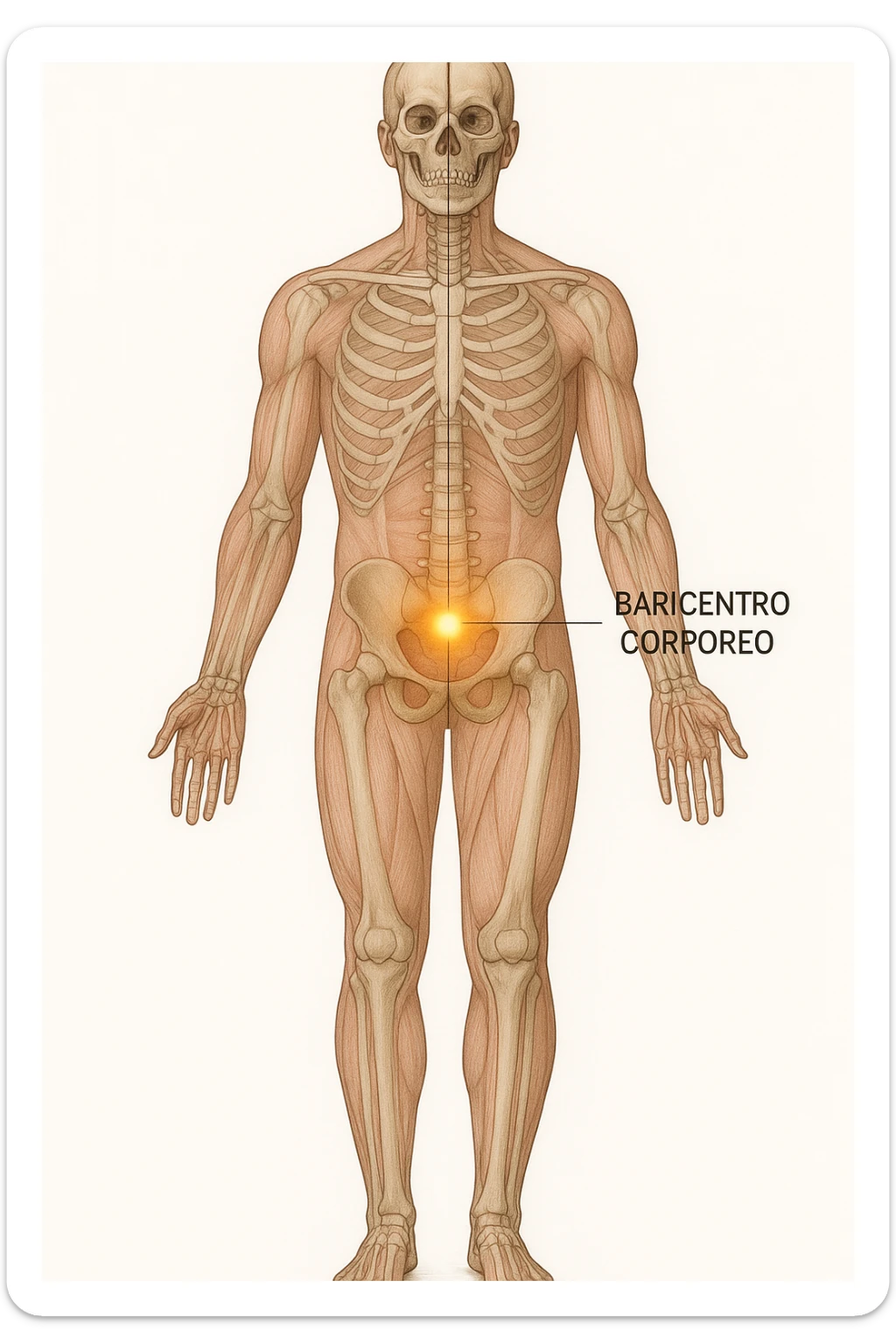 Anatomical, vertical medical illustration of the human body in a neutral standing position, highlighting the body's center of gravity (baricentro corporeo) with a glowing dot or sphere at the correct anatomical location. Transparent overlay shows skeletal and muscular structures. Clean, educational style, white background, clear labels, vertical format. sticker