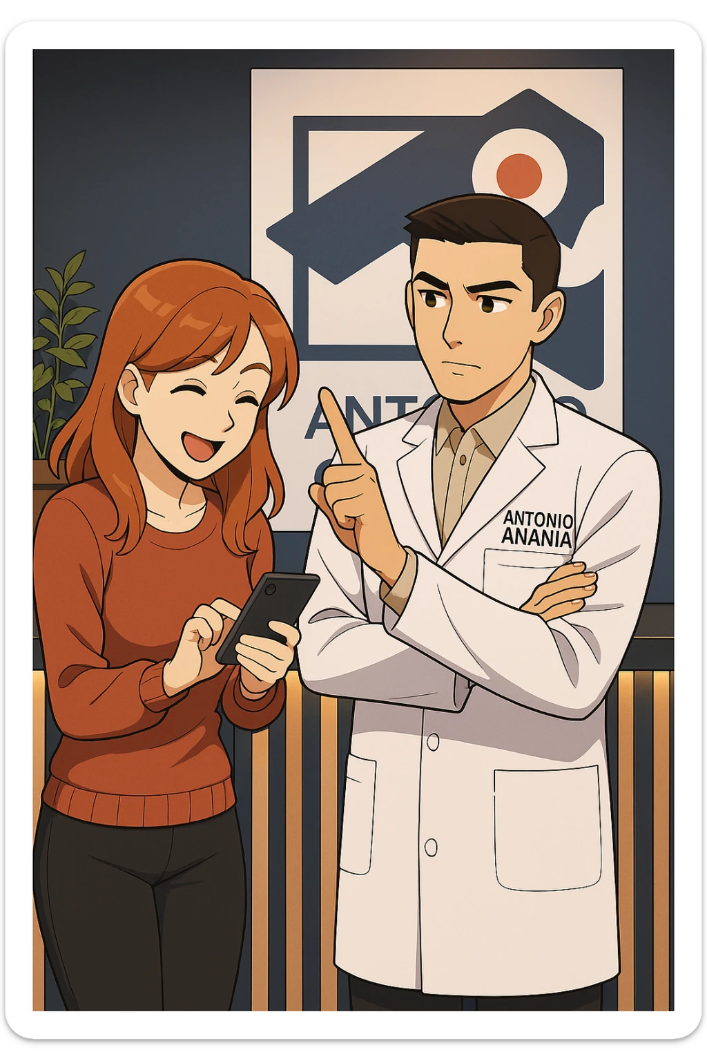 su questo stile fai un manga/webtoon a colori in cui una donna CONTROLLA ENTUSIASTA LO SMARTPHONE MENTRE PARLA CON L'UOMO, l'uomo della foto in stile manga LE DICE DI "NO" CON IL DITO, mantieni un ambiente simile alla foto che ho allegato con il suo logo (sarebbe il suo studio, lui è un kinesiologo), scrivigli "ANTONIO ANANIA" sul camice bianco, non mettere fumetti, ma fai in modo che sembri che la donna CONTROLLI LO SMARTPHONE E L'UOMO CON I GESTI LE FACCIA CAPIRE CHE STA SBAGLIANDO sticker