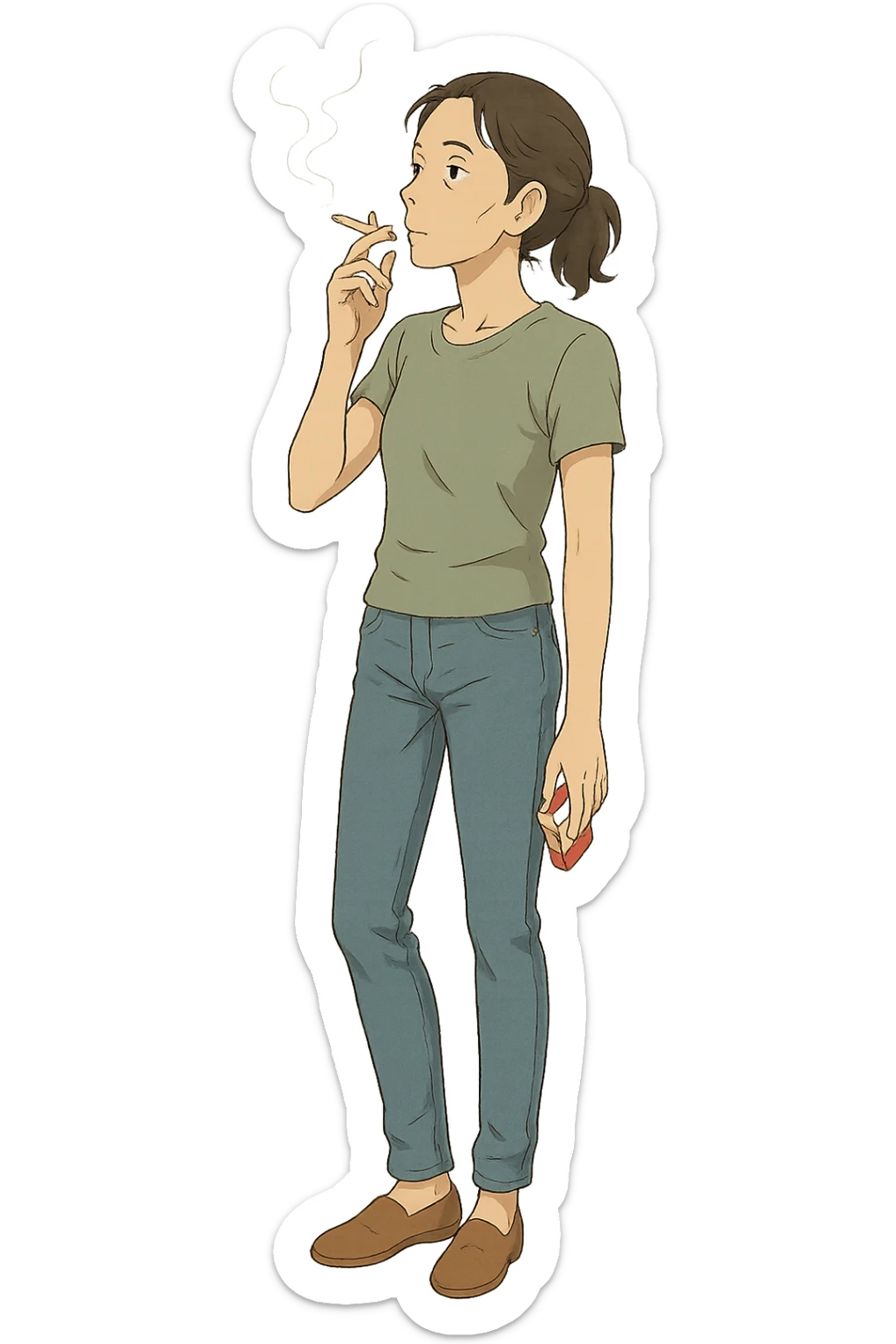 A full body of a slim middle aged woman wearing jeans and a t.shirt holding a packet of cigarettes and smoking sticker