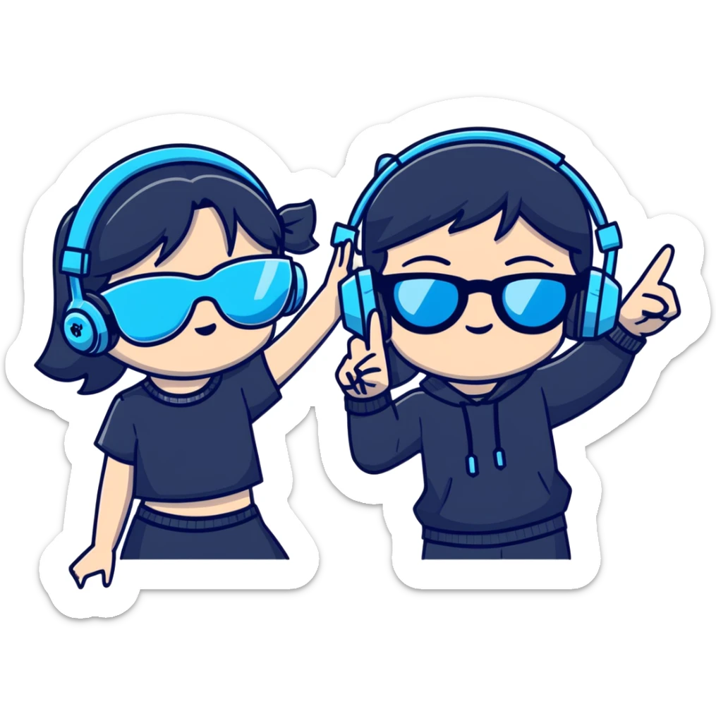 Gojo Satoru and his female protégé, both making peace signs, playful and energetic, Gojo with black shades and icy-blue eyes, protégé with long black hair, twin bows, cropped black top with cyan accents, blue headphones, sparkly background sticker