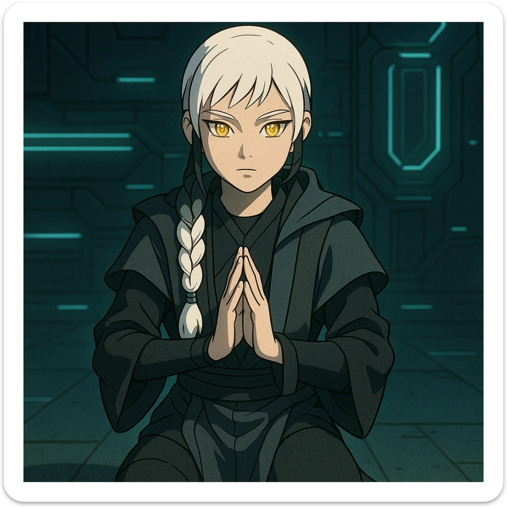  a closeup portrait of young woman with gold yellow eyes, white hair, long braid, black off-shoulder top, punk gothic style, futuristic cyberwave cyberpunk,  jedi attire, kneeling and gathering chi, jedi meditate sticker