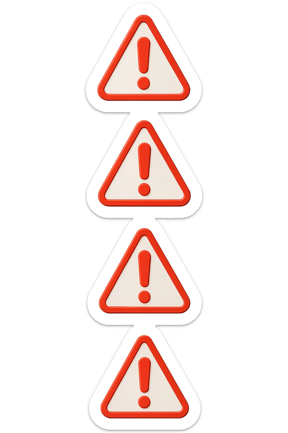 segnali di pericolo con punti esclamativi rossi fluttuano in aria verticalmente isolati su sfondo bianco sticker