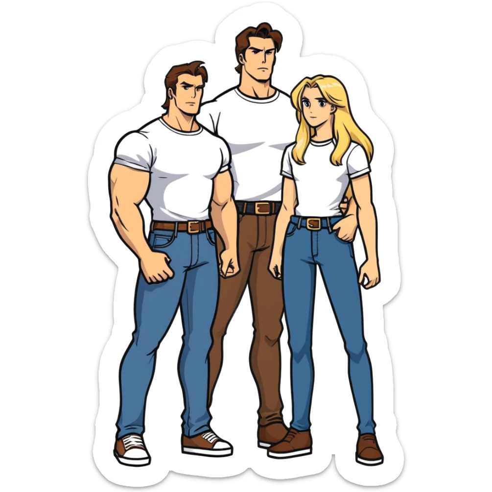 Two people together one, a 35 year-old tall muscular man with brown hair and a shorter blonde woman long hair also very good shape getting married next month. I don’t want them in wedding garb jeans and a T-shirt that show off their bodies would be best. sticker
