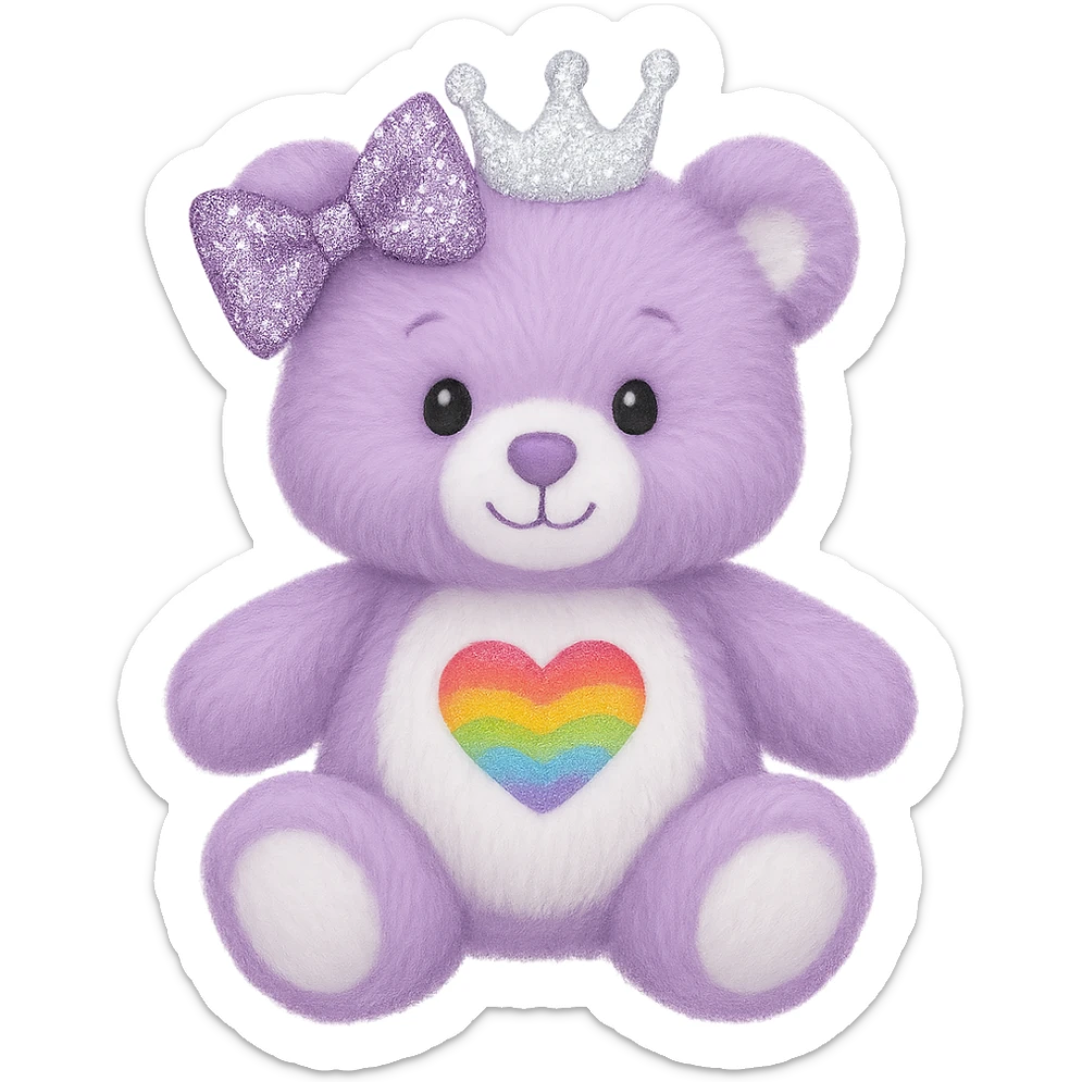 Add a glittery bow that sparkles to the purple and white teddy bear with a heart-shaped rainbow patch and a white crown. Keep the bear soft and plush, with no shadows and flat lighting. Remove the background. sticker